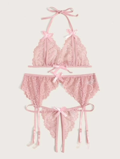 Lace Butterfly Bra Panty Garter Belt Bikini Three-piece Set